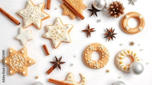 Fototapeta Festive star and ring shaped cookies with cinnamon and anise Christmas cookies star cookies