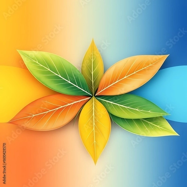 Fototapeta Vibrant autumn leaves forming a circular pattern against a gradient background orange green