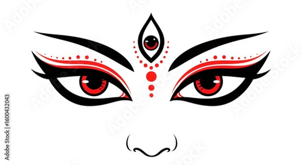 Fototapeta Vector illustration of powerful red and black eyes of goddess Durga representing divine energy and strength during Navratri Hindu festival celebration in India for religious worship