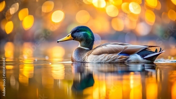 Obraz Domestic Duck Swimming with Blurred Colorful Background