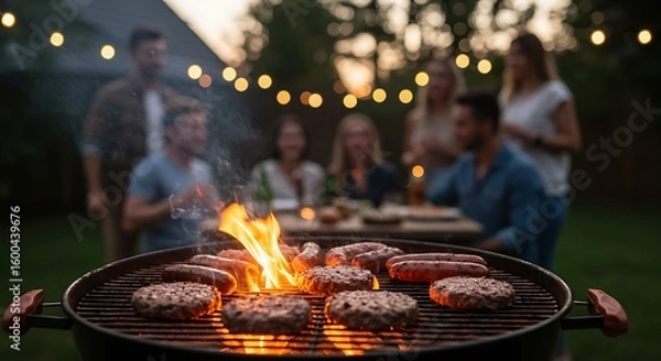 Fototapeta Friends enjoy a summer evening barbecue, grilling burgers and sausages with flames visible, while others socialize in the background.