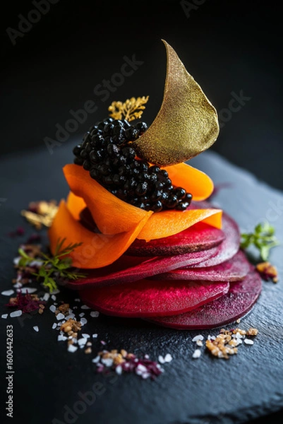 Fototapeta Elegant fusion of beetroot and carrots with caviar, gold leaf and truffle oil on slate plate Generative AI