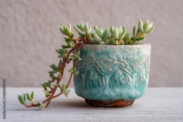 Fototapeta Succulent in teal ceramic pot