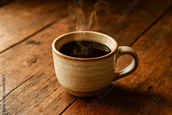 Obraz Hot cup of coffee steaming on wooden table surface