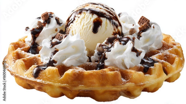 Fototapeta a golden waffle, drizzled with melted chocolate, topped with whipped cream or a scoop of vanilla ice cream, isolated on a white background. 