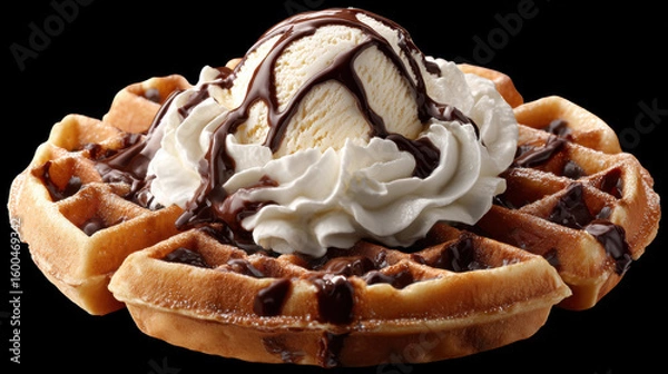 Fototapeta a golden waffle, drizzled with melted chocolate, topped with whipped cream or a scoop of vanilla ice cream, isolated on a black background. 