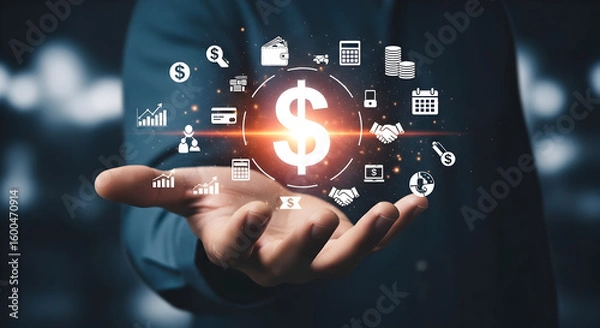 Fototapeta Hand presenting finance and investment icons, showcasing wealth, success, and financial growth with ease