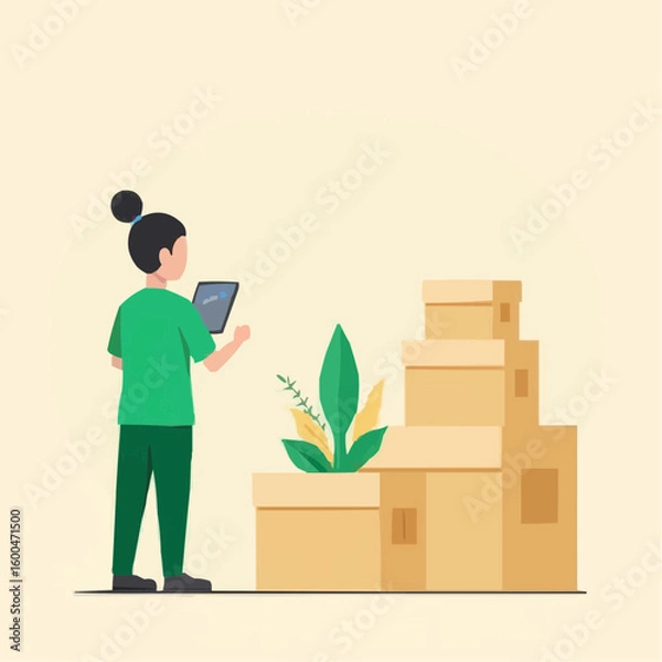 Obraz Young woman using tablet while standing next to stacked boxes and plant  