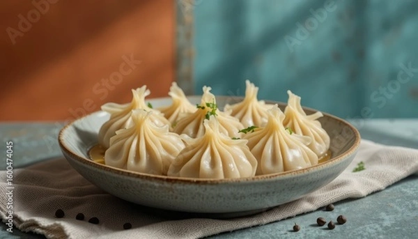 Fototapeta Rustic dumplings in ceramic bowl with steam and dramatic lighting on moody background Generative AI