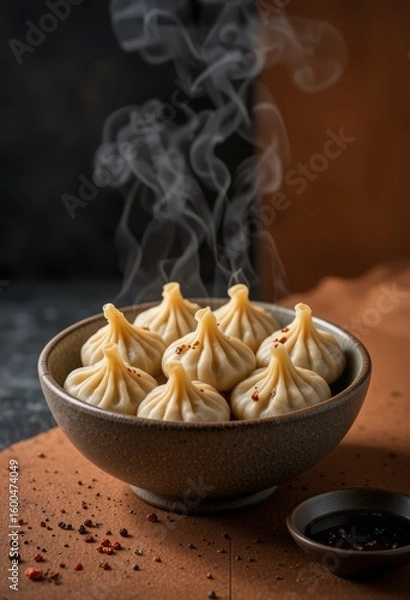 Fototapeta Rustic dumplings in ceramic bowl with steam and dramatic lighting on moody background Generative AI