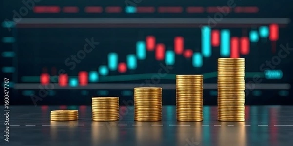 Obraz Gold coins stacked in ascending order against a blurred stock market graph background; financial growth concept.