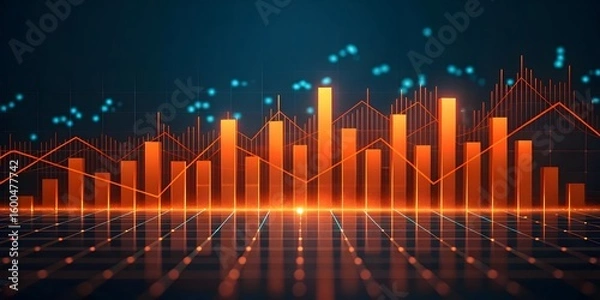 Fototapeta Abstract glowing orange bar graph and line chart illustrating financial growth and technological innovation.