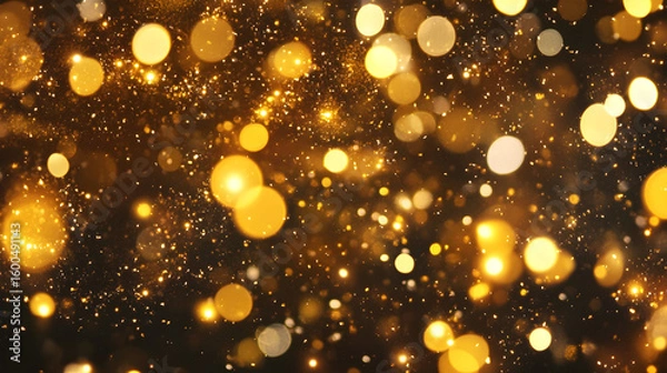 Fototapeta Radiant golden glitter and sparkling bokeh lights illuminate a dark, enchanting backdrop.