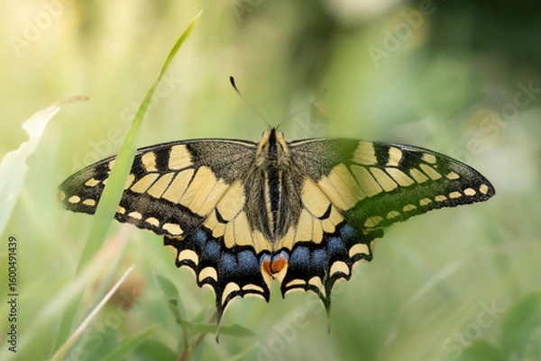 Obraz Stunning close-up of a Swallowtail butterfly (Papilio machaon) displaying its vibrant open wings. This macro image highlights the intricate patterns and colors, perfect for nature, wildlife