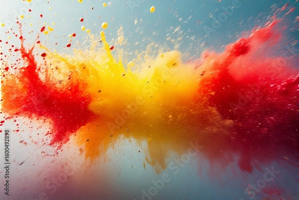 Fototapeta Vibrant Red and Yellow Powder Explosion Against Blue Sky.
