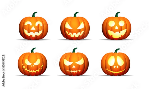 Obraz Halloween pumpkins set vector design. Halloween orange pumpkin with funny and scary faces for holiday season spooky trick or treat collection isolated in white background. Vector illustration seasonal