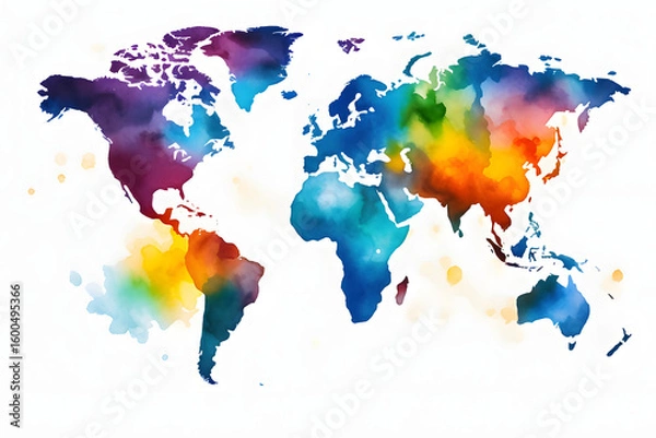 Obraz Light grunge watercolor world map isolated on white and transparent background
