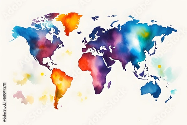 Obraz Light grunge watercolor world map isolated on white and transparent background
