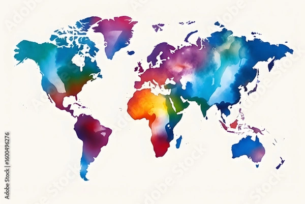 Fototapeta Light grunge watercolor world map isolated on white and transparent background
