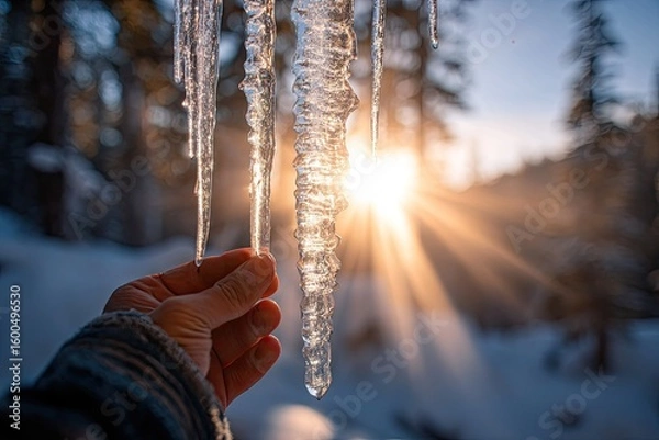 Obraz Hand touches icicles, sunset through trees