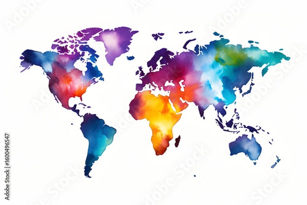 Obraz Light grunge watercolor world map isolated on white and transparent background
