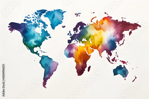 Obraz Light grunge watercolor world map isolated on white and transparent background
