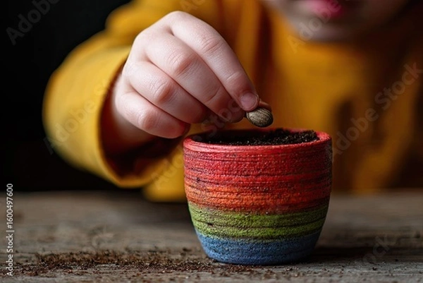 Obraz Child's hand planting seed in colorful pot
