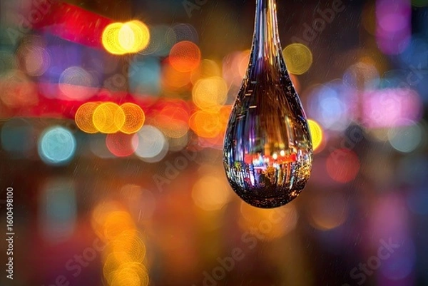 Obraz Rain drop reflecting city lights
