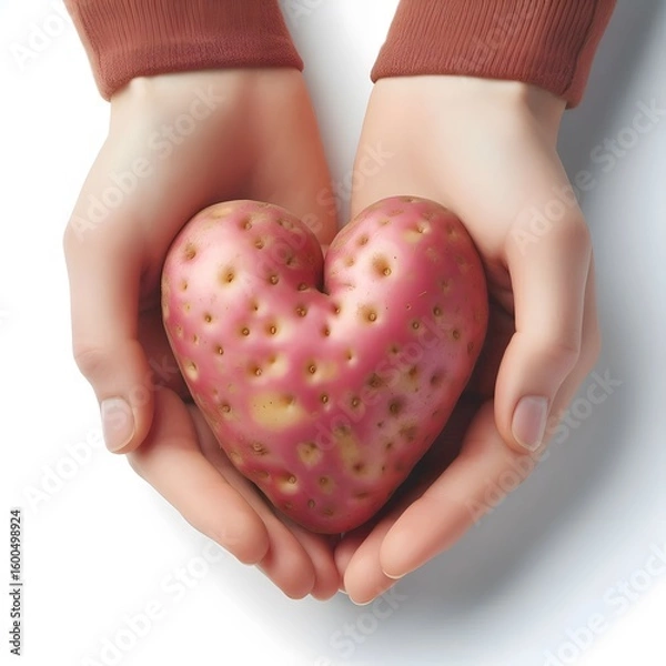 Fototapeta A potato in hearth shap e in hands on white background