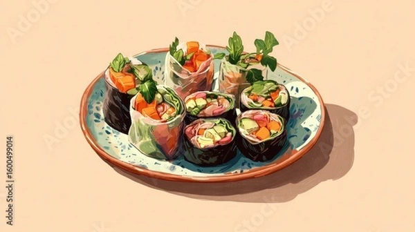 Obraz Colorful Asian-inspired wraps on a patterned plate