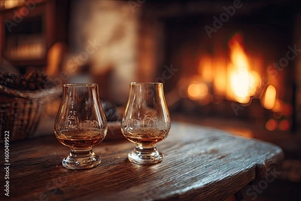 Obraz Two small glasses of amber liquid on a rustic wooden table near a fireplace