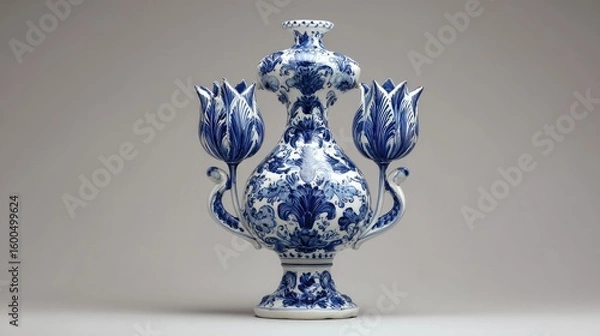 Obraz Ornate blue and white ceramic vase with three tulip-shaped candle holders