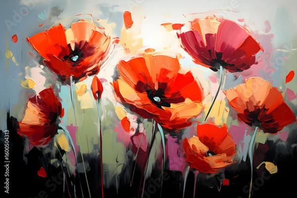 Obraz A digital illustration featuring colorful abstract flowers against a textured teal background
