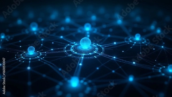 Fototapeta Explore the future of connectivity abstract network technology background with glowing nodes and lines 