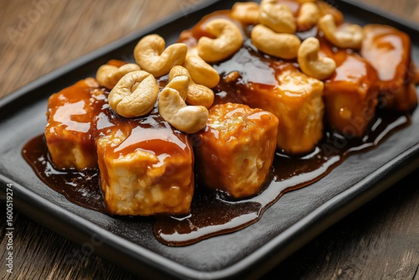 Fototapeta Crispy tofu with caramel sauce and cashews on black plate over rustic wooden background Generative AI