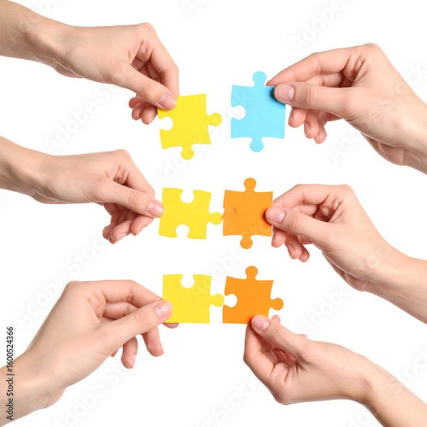 Fototapeta Hands assembling puzzle pieces illustrating teamwork