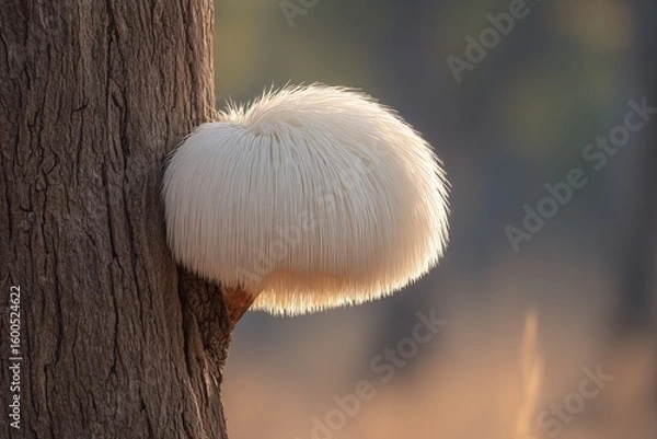 Fototapeta In a lush, green forest, a tree hosts a growing Lion's Mane mushroom