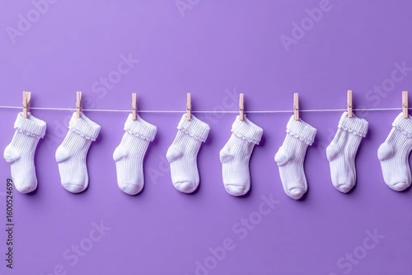 Fototapeta The symbol for World Prematurity Day features nine white socks on a purple background, with one pink baby bootie in the center