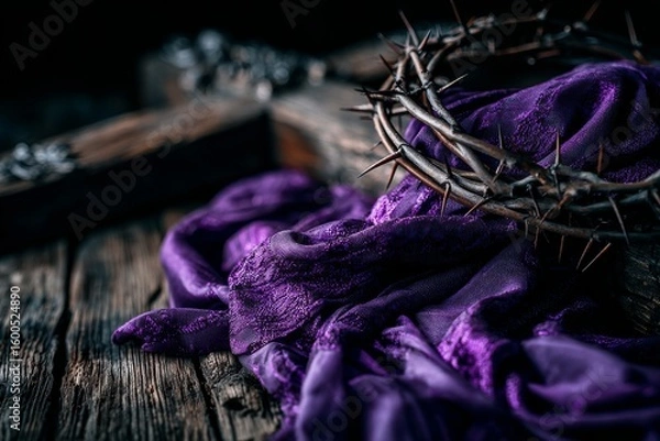 Fototapeta An Easter background illustrates the crucifixion using a rustic wooden cross, crown of thorns and nails