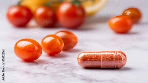 Fototapeta The image features healthy ingredients including vibrant capsules, fresh tomatoes, parsley, and orange slices on a marble surface