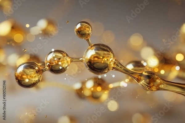 Fototapeta macro shot of a golden molecule floating in viscous fluid, glimmering highlights, abstract warm-tones background, depth of field, cinematic soft light