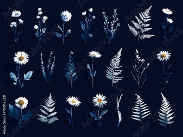 Fototapeta The 'Cyanotype Ferns and Flowers' print is a cyanotype featuring a selection of ferns and flowers
