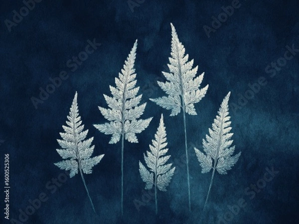 Fototapeta Botanical Cyanotype is a type of cyanotype art that features white botanical leaves