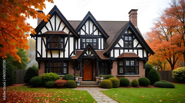 Fototapeta Tudor style house with black timber framing surrounded by autumn trees featuring stone path and brick chimney