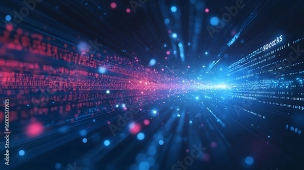 Fototapeta Abstract digital data stream with glowing blue and red lights creating a futuristic tunnel effect