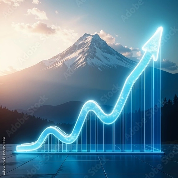 Fototapeta Futuristic Neon Growth Chart with Mountain Background | Success and Business Progress Concept