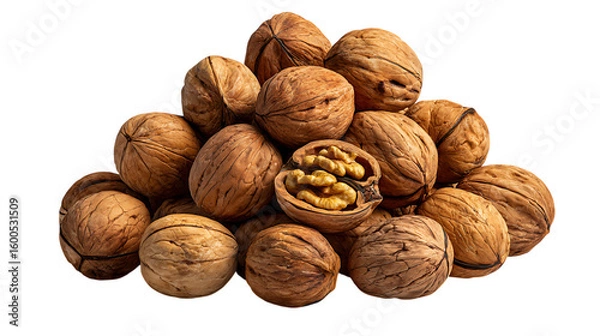 Fototapeta Pile of whole walnuts with one cracked open isolated on transparent background