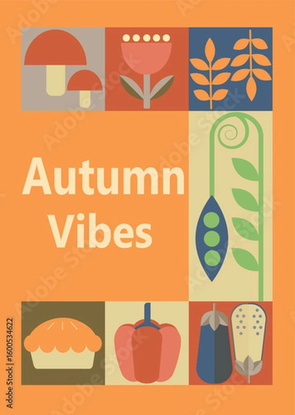 Fototapeta Autumn simple poster set. Autumn flyer set of designs Scandinavian mosaic. Banner autumn elements. Autumn design poster. Vector illustration.