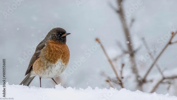 Fototapeta Rare Cold Snowfall Captured with a Side View of a Robin