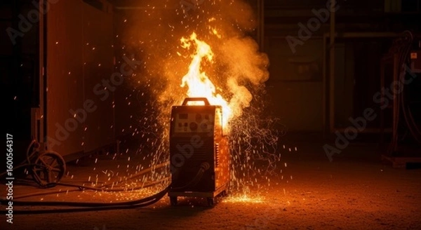 Fototapeta Industrial Welding Machine Fire Hazard - A welding machine engulfed in flames, sparks flying, illustrating a workplace safety hazard
